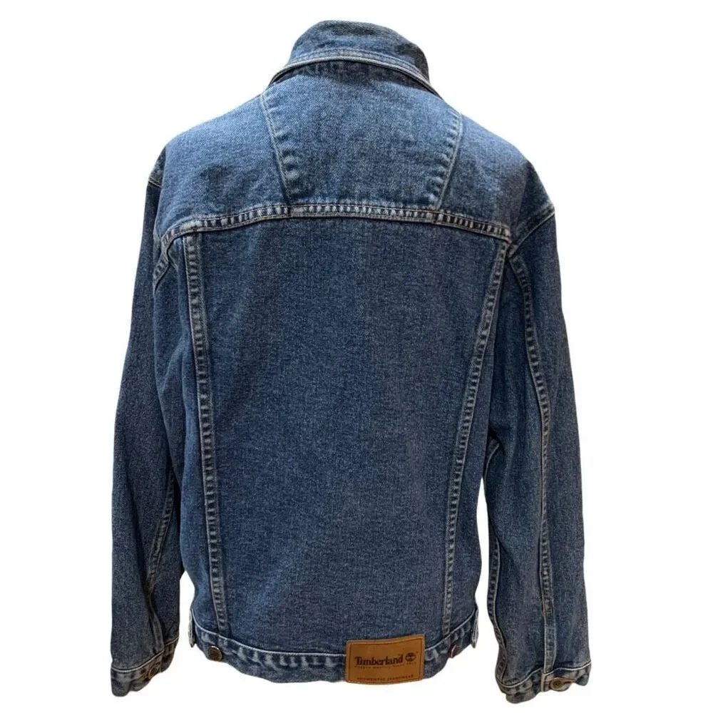 Timberland VTG 90s Jean Jacket Leather Trim Mid Wash Blue Western Trucker Men XS
